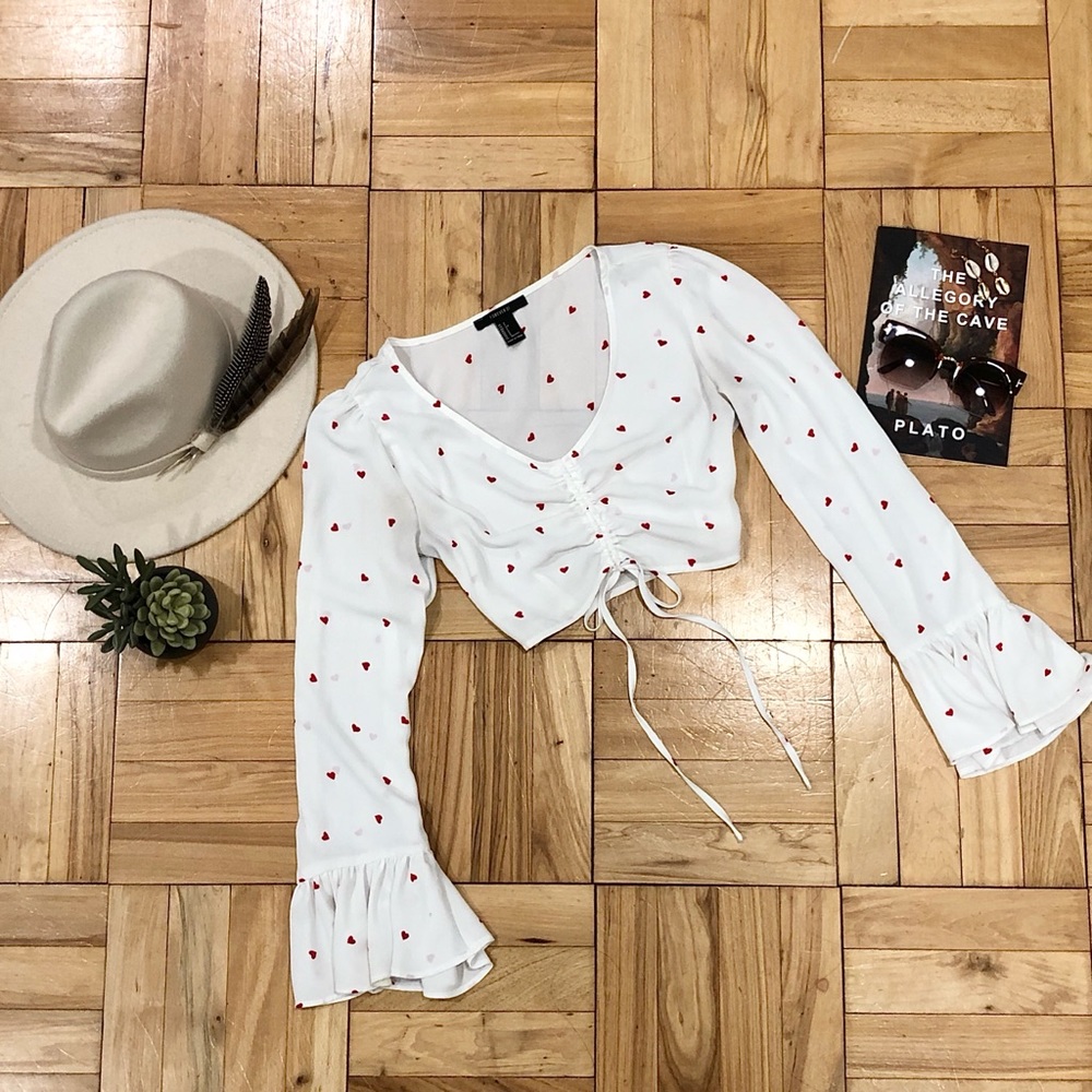 Forever 21 Bell Sleeve Heart Print Crop Top